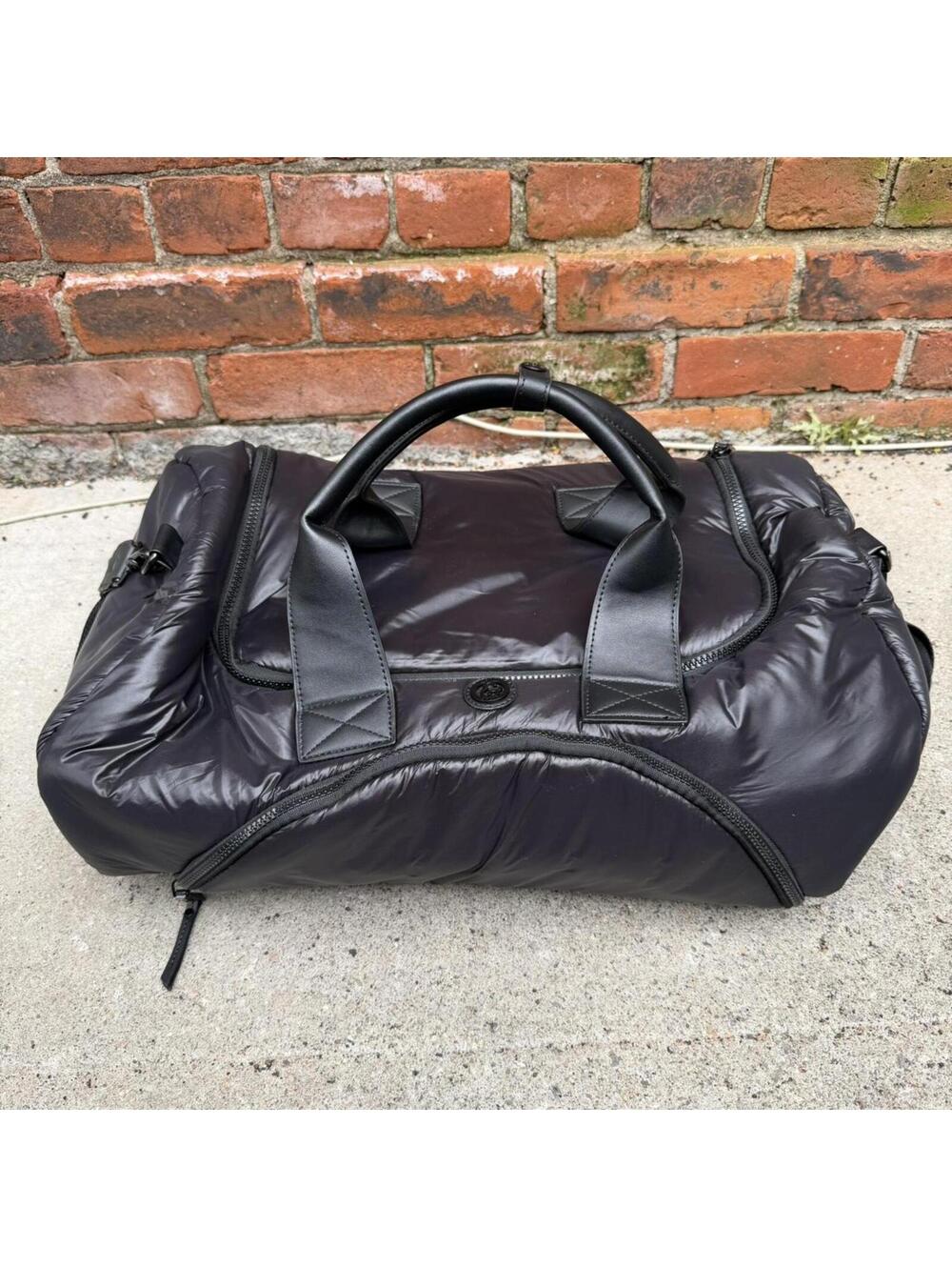 Joan & David black puffer nylon quilted weekender duffle bag